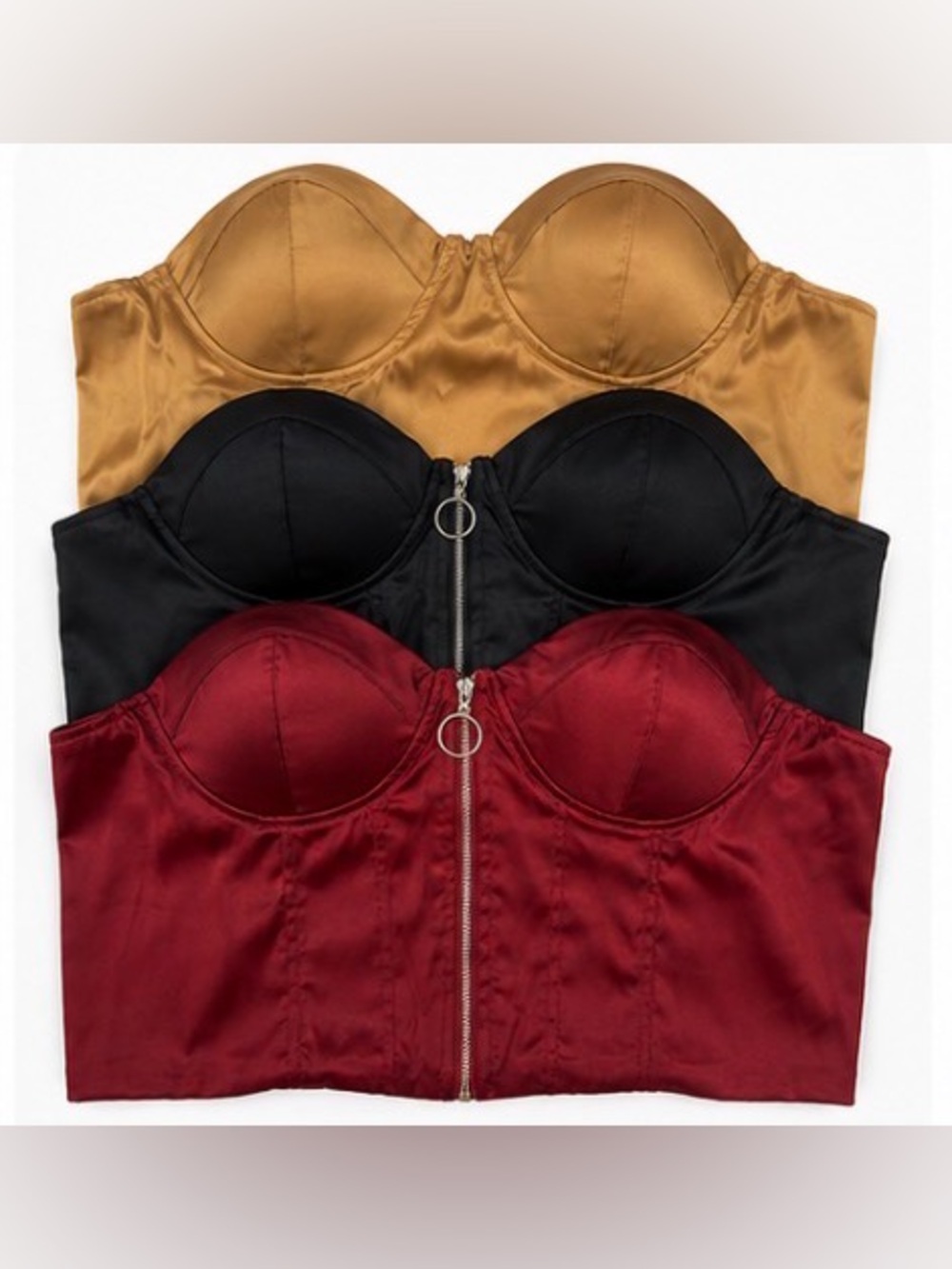 Satin Bustier Crop Tops - Gold, Black, Burgundy (3-Pack)